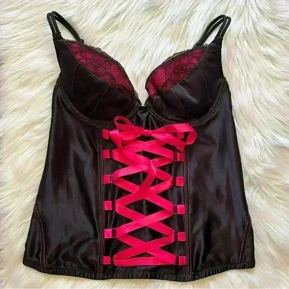 Cacique Corset Top Black Satin Neon Pink with Front Ribbon 14/16